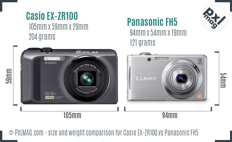 Casio EX-ZR100 vs Panasonic FH5 size comparison