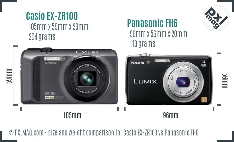 Casio EX-ZR100 vs Panasonic FH6 size comparison