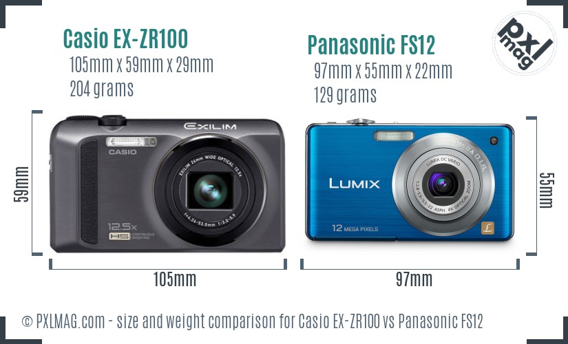 Casio EX-ZR100 vs Panasonic FS12 size comparison