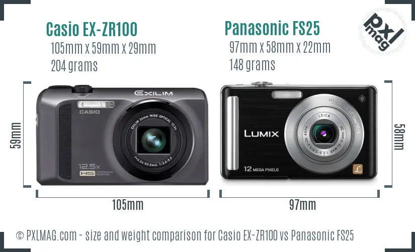 Casio EX-ZR100 vs Panasonic FS25 size comparison