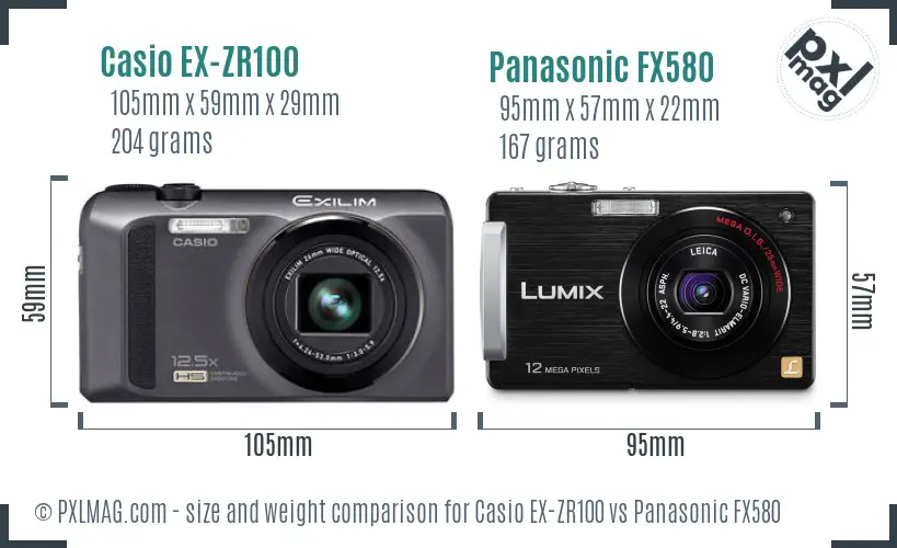 Casio EX-ZR100 vs Panasonic FX580 size comparison