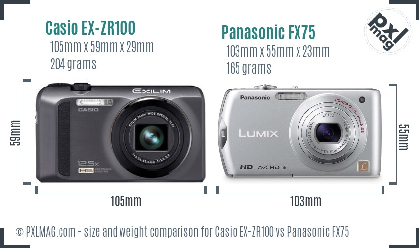 Casio EX-ZR100 vs Panasonic FX75 size comparison