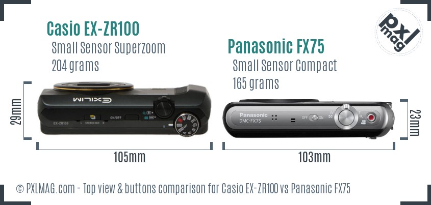 Casio EX-ZR100 vs Panasonic FX75 top view buttons comparison