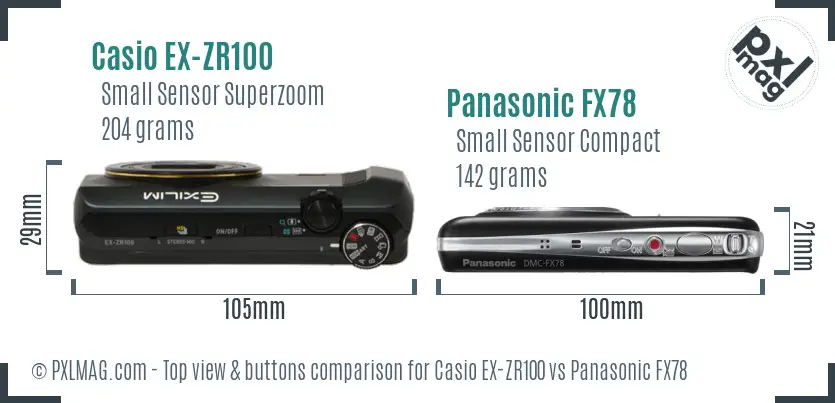 Casio EX-ZR100 vs Panasonic FX78 top view buttons comparison Casio EX-ZR100 vs Panasonic FX78 top view buttons comparison
