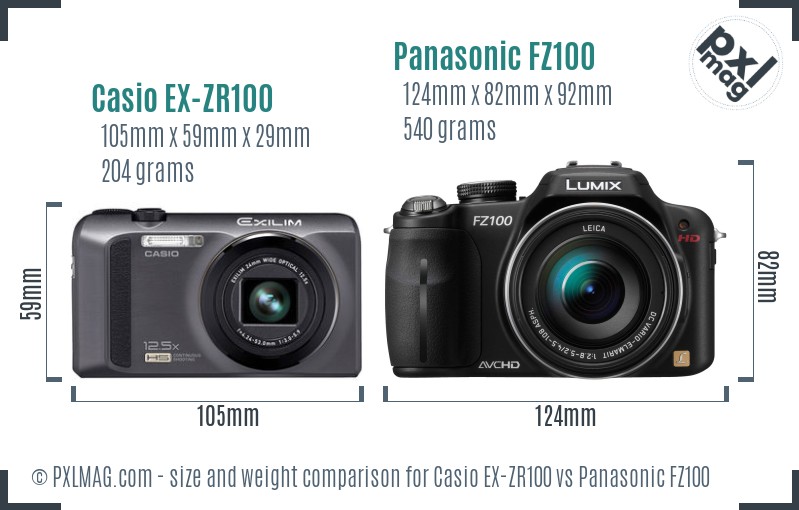 Casio EX-ZR100 vs Panasonic FZ100 size comparison