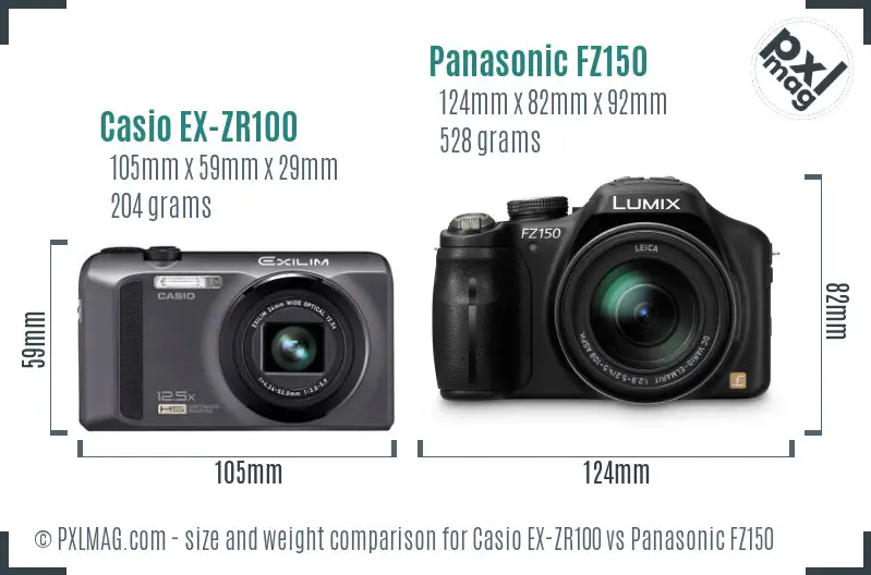 Casio EX-ZR100 vs Panasonic FZ150 size comparison Casio EX-ZR100 vs Panasonic FZ150 size comparison