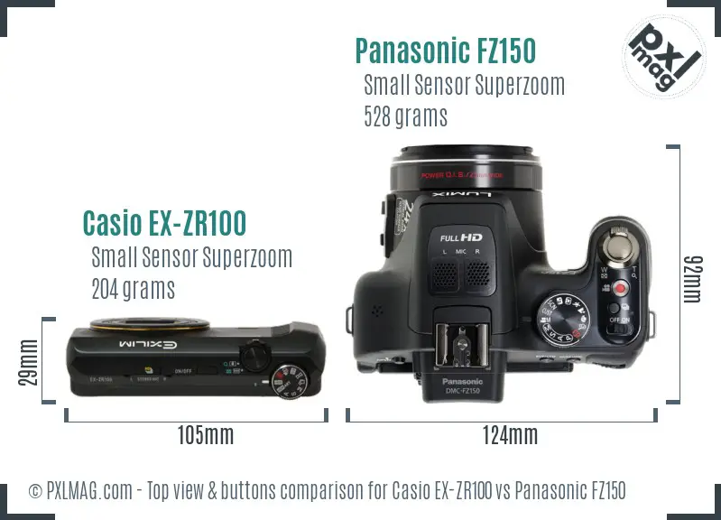 Casio EX-ZR100 vs Panasonic FZ150 top view buttons comparison Casio EX-ZR100 vs Panasonic FZ150 top view buttons comparison