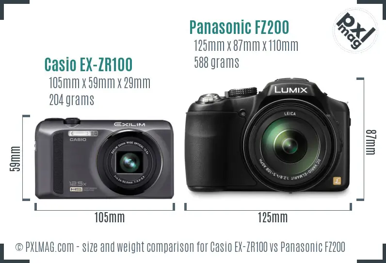 Casio EX-ZR100 vs Panasonic FZ200 size comparison