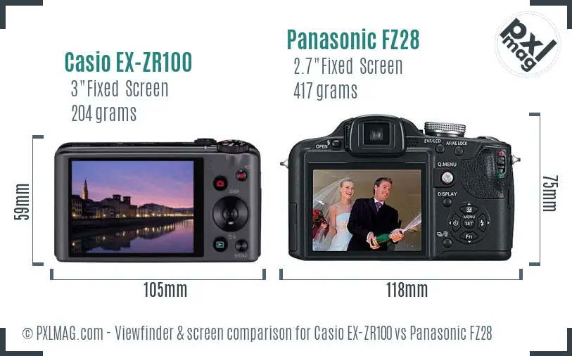 Casio EX-ZR100 vs Panasonic FZ28 Screen and Viewfinder comparison