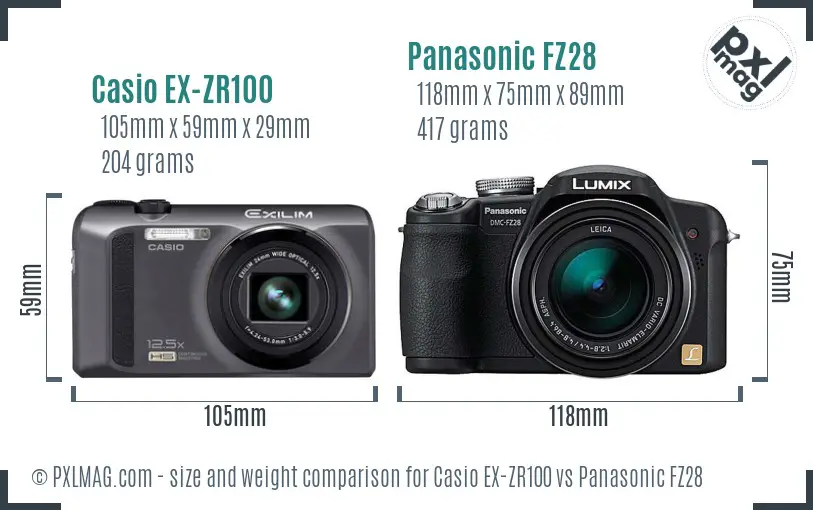 Casio EX-ZR100 vs Panasonic FZ28 size comparison