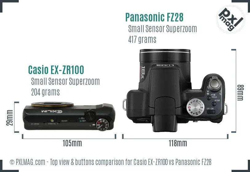 Casio EX-ZR100 vs Panasonic FZ28 top view buttons comparison