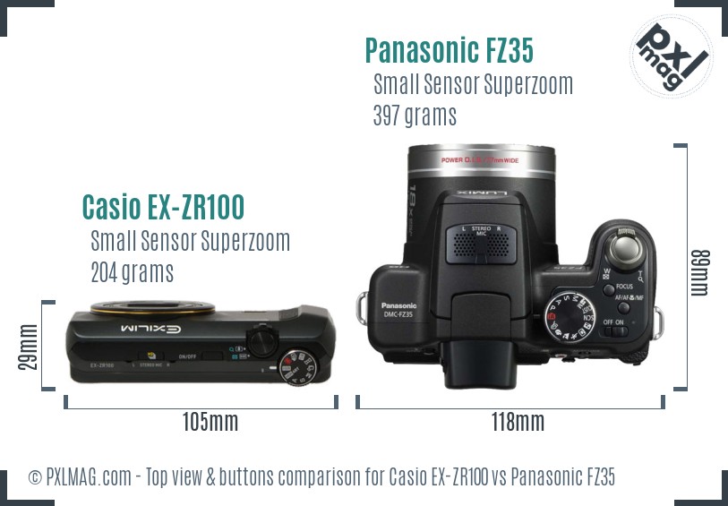 Casio EX-ZR100 vs Panasonic FZ35 top view buttons comparison