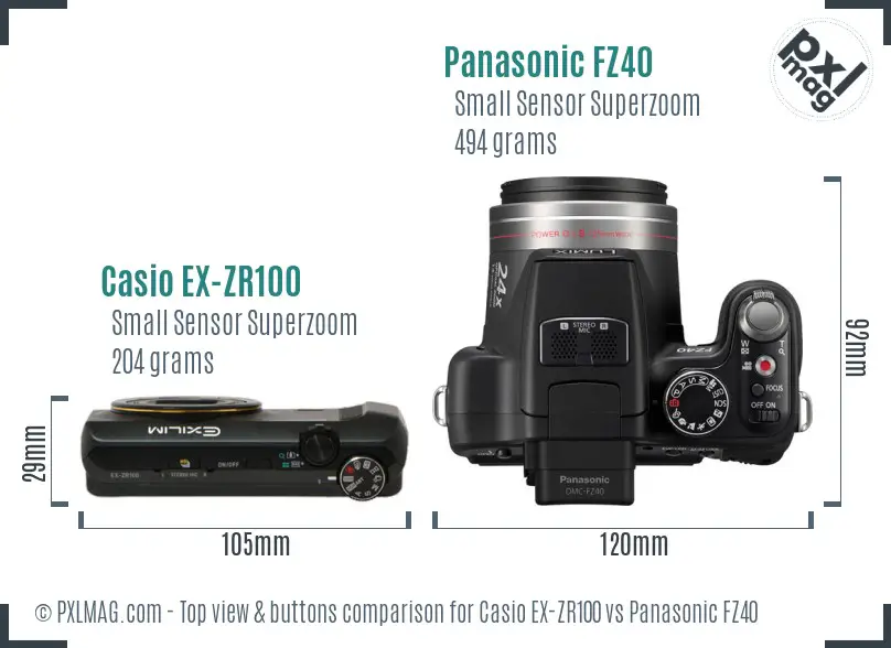 Casio EX-ZR100 vs Panasonic FZ40 top view buttons comparison Casio EX-ZR100 vs Panasonic FZ40 top view buttons comparison