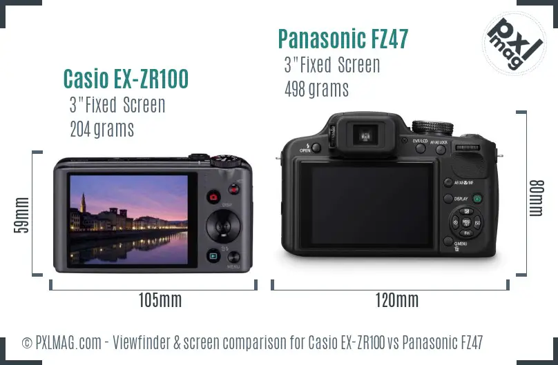 Casio EX-ZR100 vs Panasonic FZ47 Screen and Viewfinder comparison