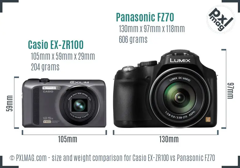 Casio EX-ZR100 vs Panasonic FZ70 size comparison Casio EX-ZR100 vs Panasonic FZ70 size comparison