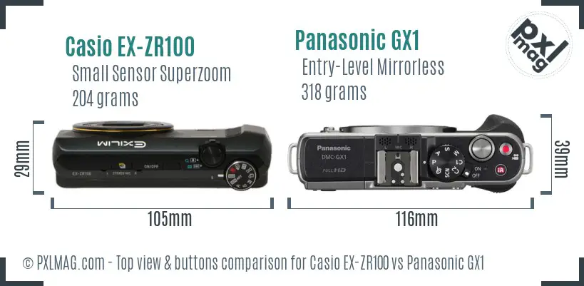 Casio EX-ZR100 vs Panasonic GX1 top view buttons comparison