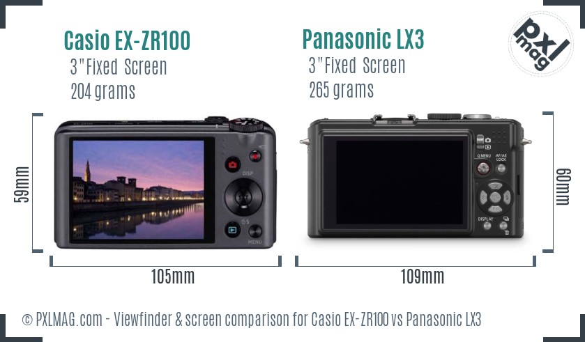 Casio EX-ZR100 vs Panasonic LX3 Screen and Viewfinder comparison