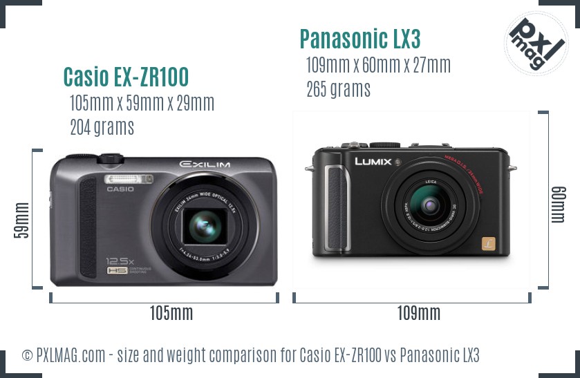 Casio EX-ZR100 vs Panasonic LX3 size comparison