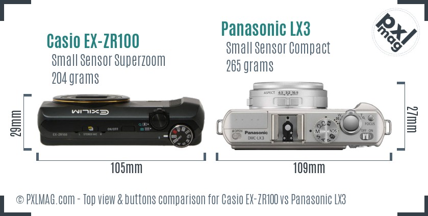 Casio EX-ZR100 vs Panasonic LX3 top view buttons comparison