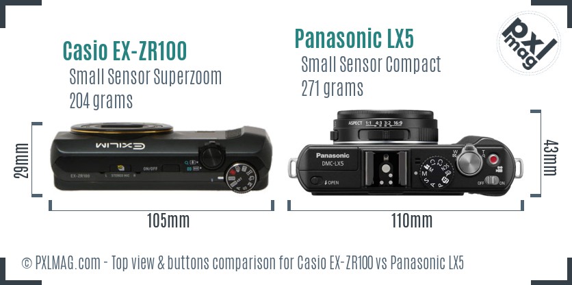 Casio EX-ZR100 vs Panasonic LX5 top view buttons comparison