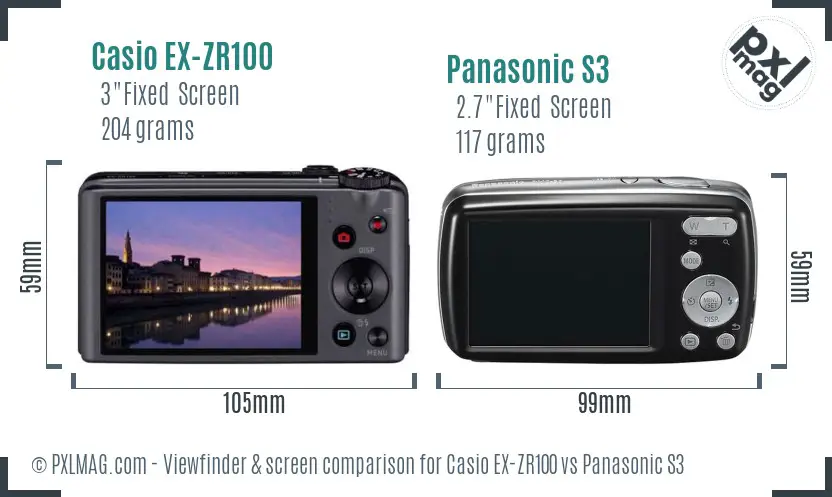 Casio EX-ZR100 vs Panasonic S3 Screen and Viewfinder comparison