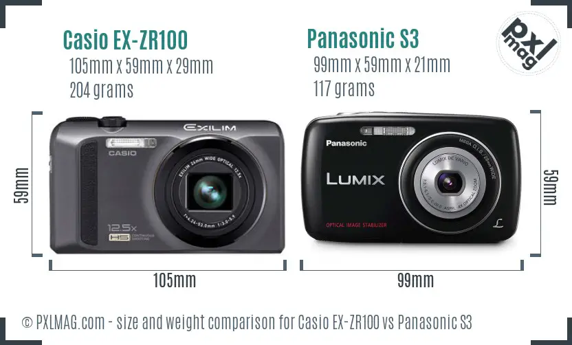 Casio EX-ZR100 vs Panasonic S3 size comparison