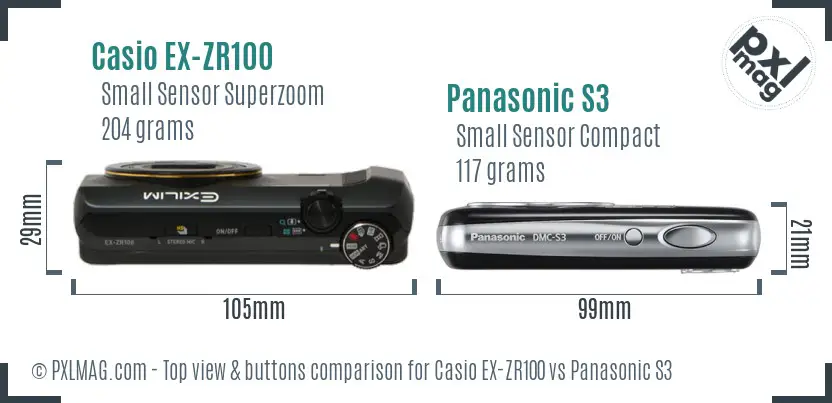 Casio EX-ZR100 vs Panasonic S3 top view buttons comparison