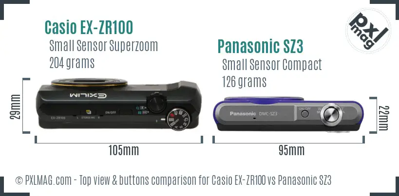Casio EX-ZR100 vs Panasonic SZ3 top view buttons comparison