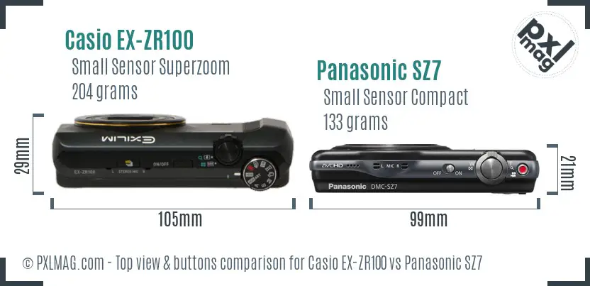 Casio EX-ZR100 vs Panasonic SZ7 top view buttons comparison Casio EX-ZR100 vs Panasonic SZ7 top view buttons comparison