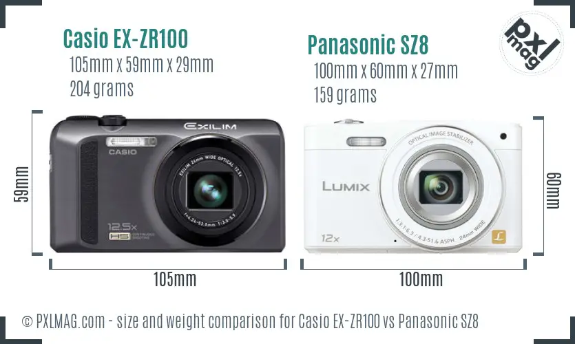 Casio EX-ZR100 vs Panasonic SZ8 size comparison