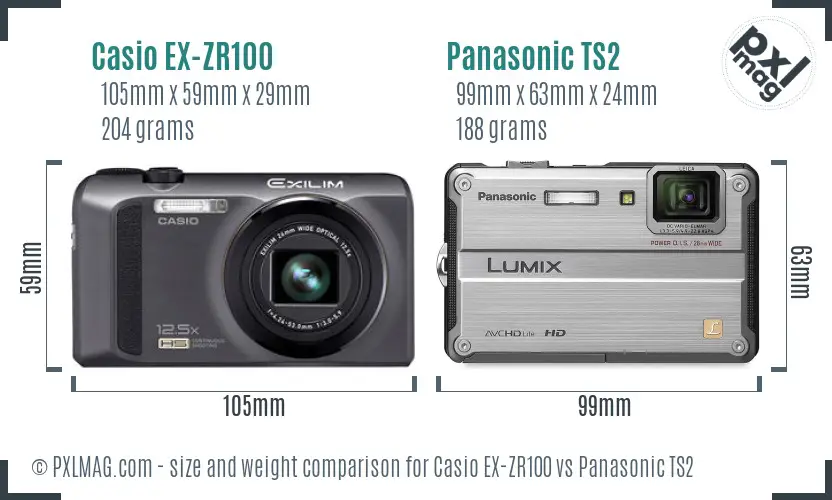 Casio EX-ZR100 vs Panasonic TS2 size comparison