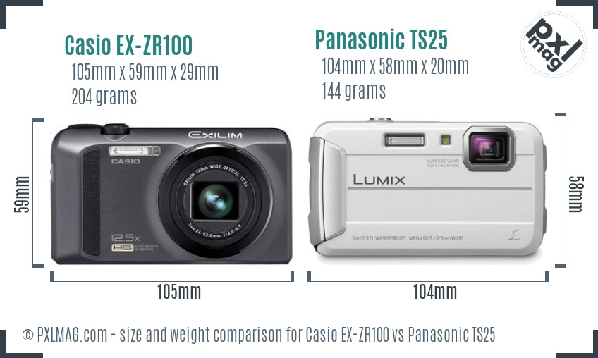 Casio EX-ZR100 vs Panasonic TS25 size comparison Casio EX-ZR100 vs Panasonic TS25 size comparison