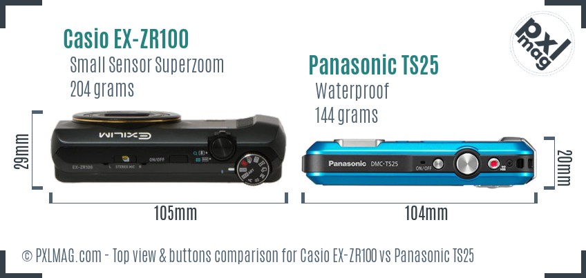 Casio EX-ZR100 vs Panasonic TS25 top view buttons comparison