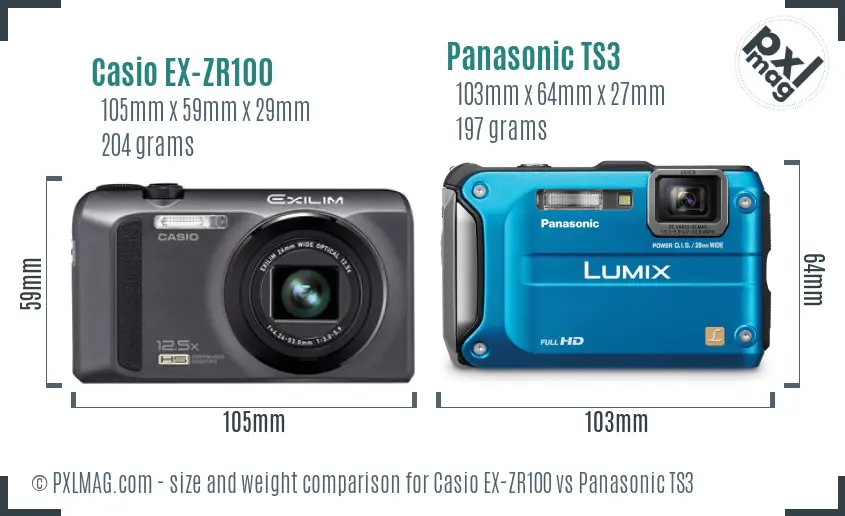 Casio EX-ZR100 vs Panasonic TS3 size comparison