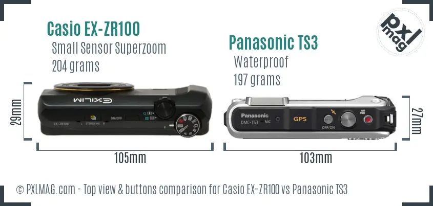 Casio EX-ZR100 vs Panasonic TS3 top view buttons comparison