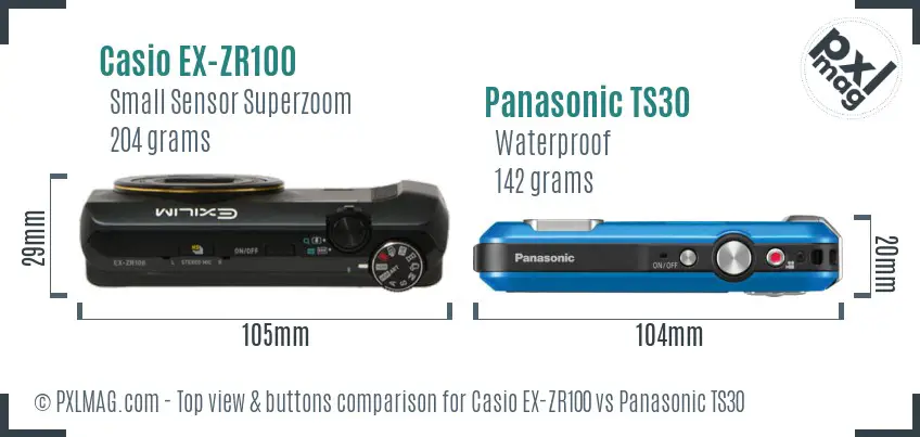 Casio EX-ZR100 vs Panasonic TS30 top view buttons comparison Casio EX-ZR100 vs Panasonic TS30 top view buttons comparison