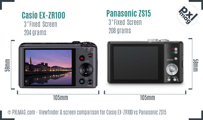 Casio EX-ZR100 vs Panasonic ZS15 Screen and Viewfinder comparison