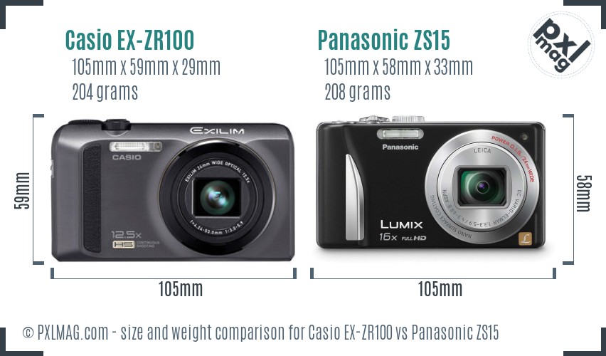 Casio EX-ZR100 vs Panasonic ZS15 size comparison