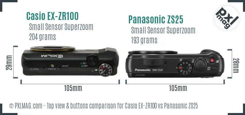 Casio EX-ZR100 vs Panasonic ZS25 top view buttons comparison