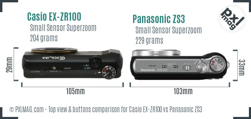 Casio EX-ZR100 vs Panasonic ZS3 top view buttons comparison Casio EX-ZR100 vs Panasonic ZS3 top view buttons comparison