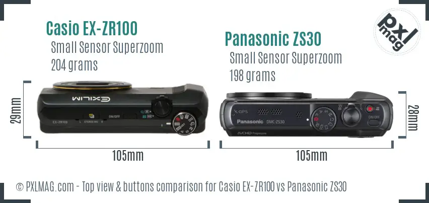 Casio EX-ZR100 vs Panasonic ZS30 top view buttons comparison