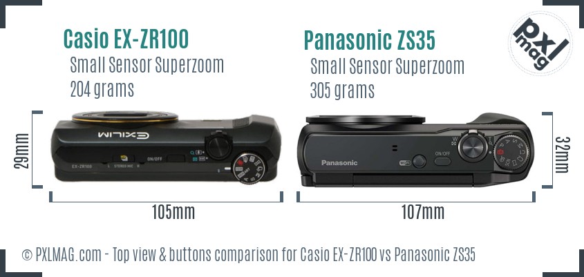 Casio EX-ZR100 vs Panasonic ZS35 top view buttons comparison