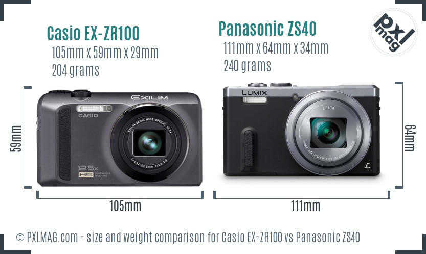 Casio EX-ZR100 vs Panasonic ZS40 size comparison