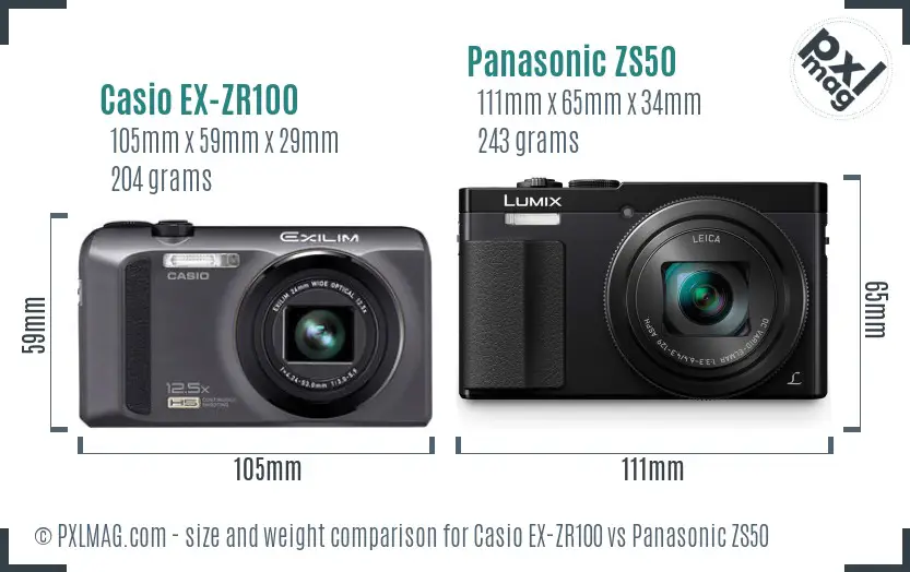 Casio EX-ZR100 vs Panasonic ZS50 size comparison