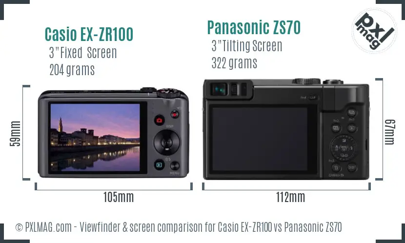 Casio EX-ZR100 vs Panasonic ZS70 Screen and Viewfinder comparison