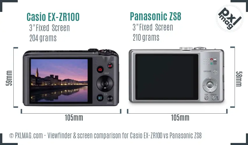 Casio EX-ZR100 vs Panasonic ZS8 Screen and Viewfinder comparison