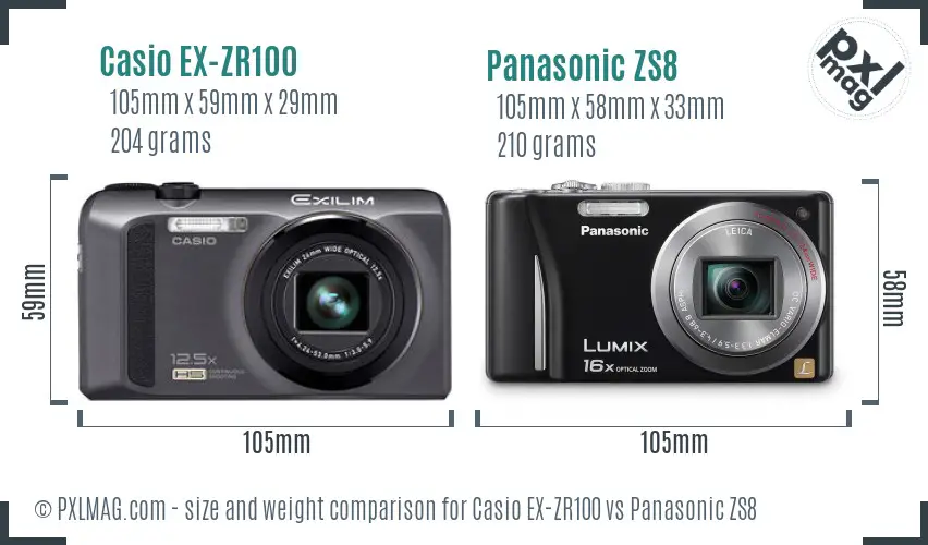 Casio EX-ZR100 vs Panasonic ZS8 size comparison