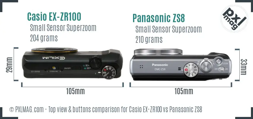 Casio EX-ZR100 vs Panasonic ZS8 top view buttons comparison