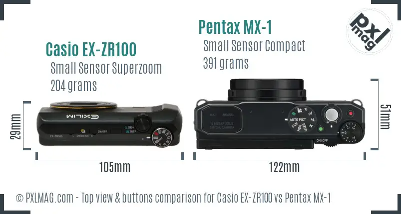 Casio EX-ZR100 vs Pentax MX-1 top view buttons comparison