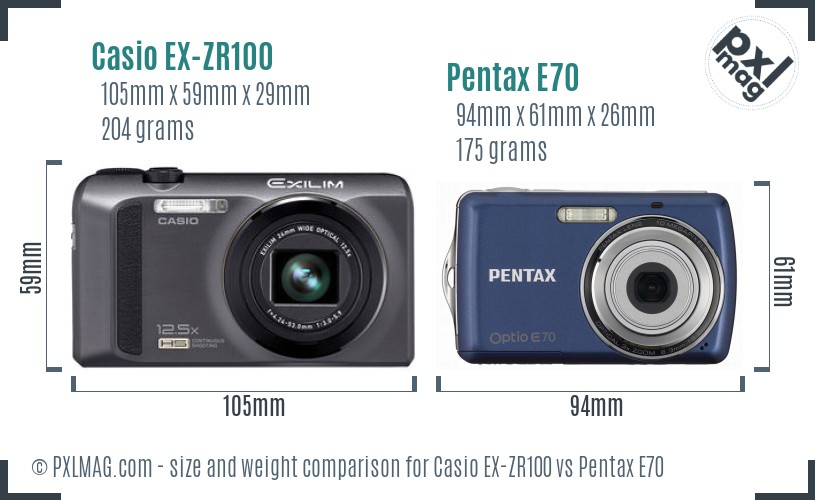 Casio EX-ZR100 vs Pentax E70 size comparison